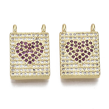 Brass Micro Pave Cubic Zirconia Pendants, Nickel Free, Rectangle with Heart, Real 16K Gold Plated, Medium Violet Red, 17x11x2.5mm, Hole: 1mm