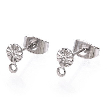 304 Stainless Steel Stud Earring Findings, with 316 Stainless Steel Pin & Horizontal Loops, Flat Round, Stainless Steel Color, 7x4.5mm, Hole: 1.2mm, Pin: 0.8mm