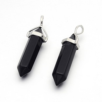 Synthetic Black Stone Bullet Double Terminated Pointed Pendants, with Platinum Plated Alloy Findings, 38~41x13x10mm, Hole: 5x3mm