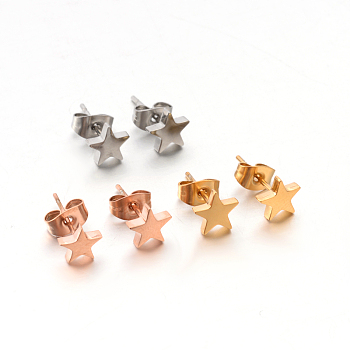 304 Stainless Steel Ear Studs, Hypoallergenic Earrings, Star, Mixed Color, 7x7x1.3mm, Pin: 0.8mm