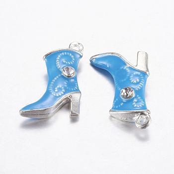 Alloy Enamel Pendants, with Rhinestone, Shoes, Sky Blue, Silver Color Plated, 20.5x14x5.5mm, Hole: 1.5mm