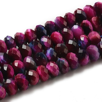 Natural Rainbow Tiger Eye Beads Strands, Dyed, Faceted, Rondelle, Fuchsia, 8x5mm, Hole: 1mm, about 71pcs/strand, 15.35 inch(39cm)