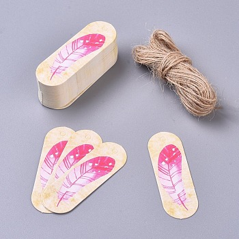 Paper Gift Tags, Hange Tags, For Arts and Crafts, with Jute Twine, Oval with Feather Pattern, Colorful, 60x20x0.5mm, 50pcs/set