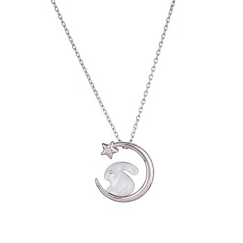 Natural Shell Bunny with Crescent Moon Pendant Necklace with Clear Cubic Zirconia, Rhodium Plated 925 Sterling Silver 2023 New Rabbit Year Jewelry for Women, Platinum, 16.14 inch(41cm)