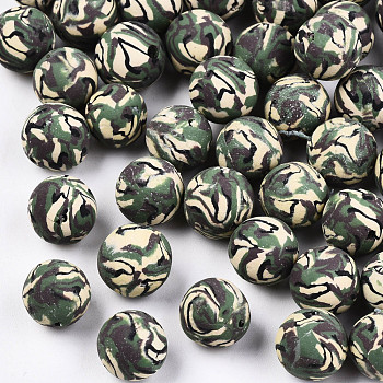 Handmade Polymer Clay Beads, Camouflage Style, Round, Sea Green, 8~9mm, Hole: 1~1.5mm