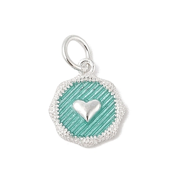 925 Sterling Silver Enamel Flat Round with Heart Charms with Jump Rings and 925 Stamp, Silver Color Plated, Turquoise, 12x10x2mm, Hole: 3.5mm