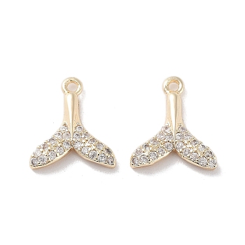 Brass Micro Pave Clear Cubic Zirconia Charms, Fishtail Charm, Real 18K Gold Plated, 11x9.5x2mm, Hole: 1mm