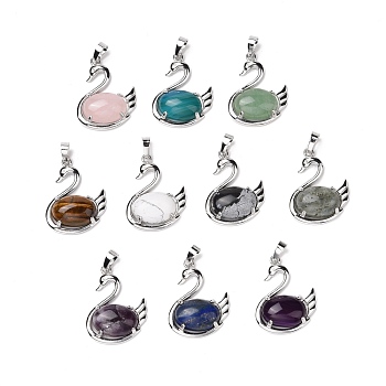 Natural & Synthetic Gemstone Pendants, with Platinum Tone Brass Findings, Cadmium Free & Lead Free, Mixed Dyed and Undyed, Swan, 32x25x7.3mm, Hole: 8mm