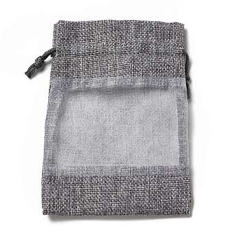 Linen Pouches, Drawstring Bags, with Organza Windows, Rectangle, Gray, 14x10x0.5cm