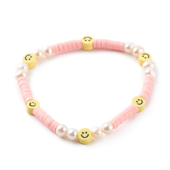 Handmade Polymer Clay Heishi Beaded Stretch Bracelets, with Natural Pearl Beads, Smiling Face, Pink, Inner Diameter: 2-1/8 inch(5.5cm)