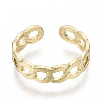 Brass Cuff Finger Rings, Open Rings, Nickel Free, Curb Chain Shape, Real 18K Gold Plated, US Size 6(16.5mm)
