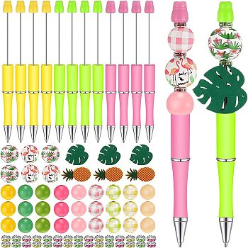 Leaf Pattern Plastic Ball-Point Pen, Beadable Pen, for DIY Personalized Pen with Wood Round & Rhinestones Beads, Green, 140x200x25mm, round: 27pcs