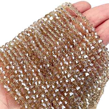 Transparent Electroplate Glass Beads Strands, Pearl Luster Plated, Faceted, Bicone, PeachPuff, 3.7x3.2mm, Hole: 0.8mm, about 113~115pcs/strand, 14.17~14.37 inch(36~36.5cm)