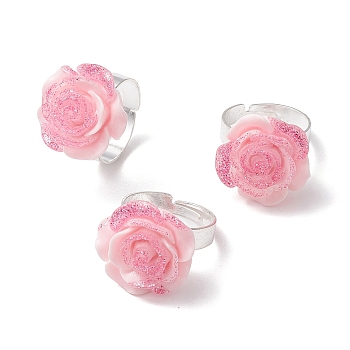 Glitter Powder Rose Resin Finger Rings, Brass Adjustable Rings for Women, Pink, 20x20mm, Inner Diameter: 18mm