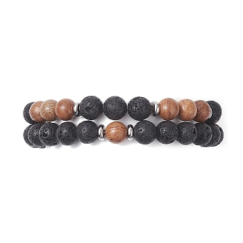 2Pcs 2 Style Natural Wood & Lava Rock Round Beaded Stretch Bracelets Set for Women, Camel, Inner Diameter: 2-1/4 inch(5.7cm), 1Pc/style