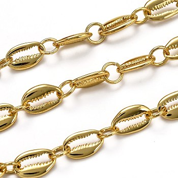 Handmade Alloy Link Chains, with Spool, Long-Lasting Plated, Soldered, Cowrie Shell Shape, Golden, Links: 15.5x9.5x2.5mm