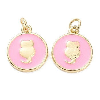 Brass Enamel Pendants, Long-Lasting Plated, Real 18K Gold Plated, Flat Round with Cat, Pink, 15.5x12.5x2mm, Hole: 3mm