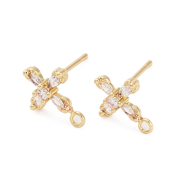 Cross Brass Micro Pave Cubic Zirconia Stud Earrings Finding, Real 14K Gold Plated, 11.5x9mm, Hole: 1.4mm, Pin: 0.8mm