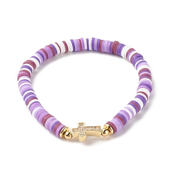 Polymer Clay Heishi Beads Stretch Bracelet for Women, Cross Cubic Zirconia Link Bracelet, Golden, Medium Orchid, Inner Diameter: 2-1/4 inch(5.6cm)