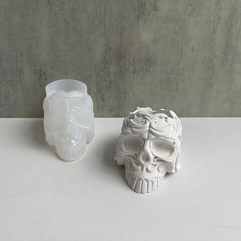Silicone Halloween Skull Candle Holder Statue Molds, Portrait Sculpture Casting Molds, White, 145x79.5x78mm