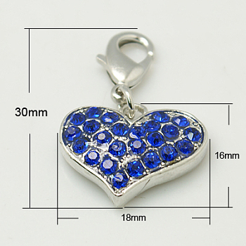 Alloy Rhinestone Pendants, Cadmium Free & Lead Free, Grade A, with Lobster Clasp, Heart, Platinum Metal Color, Sapphire, 30x18x4mm