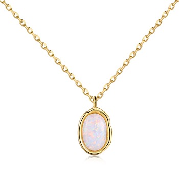 Oval 925 Sterling Silver Pendant Necklaces, with Synthetic Opal, Real 18K Gold Plated, 15.75 inch(40cm)