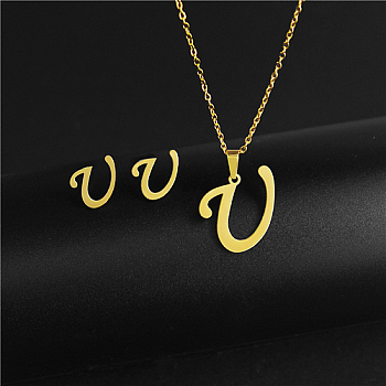 Golden Stainless Steel Initial Letter Jewelry Set, Stud Earrings & Pendant Necklaces, Letter V, No Size