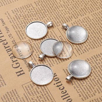 DIY Pendant Making, Tibetan Style Alloy Pendant Cabochon Settings and Transparent Glass Cabochons, Flat Round, Antique Silver, Tray: 25mm, 37x28x2mm, Hole: 3.5x6mm, 24.5~25x6~7mm, 2pcs/set