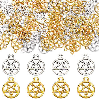 100Pcs 2 Colors Tibetan Style Alloy Pendants, Hollow, Ring with Star, Mixed Color, 16x13x1~2mm, Hole: 1.8~2mm, 50pcs/color