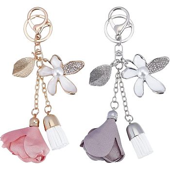 CHGCRAFT 2Pcs 2 Colors Alloy Rhinestone Keychain, with Cloth Tassel and Alloy Findings, Flower & Leaf, Platinum & Golden, 15cm, 1pc/color