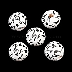 Printed Wood European Beads, Round with Musical Note Pattern, Large Hole Beads, White, 15~15.5x14.5~15mm, Hole: 4.5mm(WOOD-G029-02)
