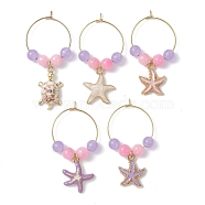Turtle/Starfish Alloy Enamel Wine Glass Charms, with Hoop Earrings Findings and Natural Dyed Yellow Jade/Dyed Malaysia Jade Bead, 45.5~54.5mm, Inner Diameter: 23mm(AJEW-JO00199)