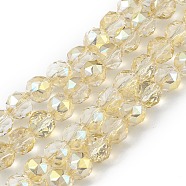 Transparent Electroplate Glass Beads Strands, Faceted, Round, Full Rainbow Plated, Yellow, 9~10x9~9.5mm, Hole: 1.4mm, about 54~60pcs/strand, 18.90~21.65 inch(48~55cm)(EGLA-F154-FR01)