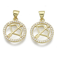 Brass Micro Pave Cubic Zirconia Pendants, Nickel Free, with Snap on Bail, Flat Round with Constellation, Clear, Real 18K Gold Plated, Sagittarius: 17.5x15x2mm, Hole: 4x3mm(ZIRC-S061-199C-G-NF)