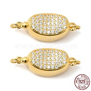 925 Sterling Sliver Micro Pave Clear Cubic Zirconia Box Clasps, 1-Strand, 2-Hole, with 925 Stamp, Oval, Real 18K Gold Plated, 17x8.5x8mm, Hole: 2.1mm(STER-M114-11G)