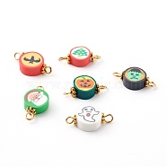 Halloween/Christmas Theme Flat Round Polymer Clay Links Connectors, with 304 Stainless Steel Eye Pins, Alloy Daisy Spacer Beads, Golden, Mixed Color, 9~10x18.5~19x4~4.5mm, Hole: 1.6~2mm(PALLOY-JF00713)