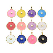 Brass Enamel Pendants, Cadmium Free & Nickel Free & Lead Free, Real 16K Gold Plated, Flat Round with Star, Mixed Color, 20.5x15.5x4.5mm, Hole: 2.5x3mm(KK-Q283-057-NR)