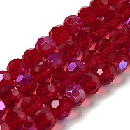 Electroplate Transparent Glass Beads Strands, Faceted, Round, Rainbow Plated, Dark Red, 6mm, Hole: 1mm, about 98~100pcs/strand, 20.39~20.59 inch(51.8~52.3cm)(EGLA-A035-T6mm-L07)