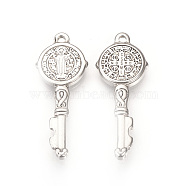 304 Stainless Steel Pendants,  Key with Saint Benedict, Stainless Steel Color, 35x13.5x2.5mm, Hole: 2mm(STAS-Q220-06)