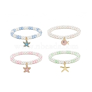 4Pcs 4 Styles Ocean Theme Alloy Enamel Stretch Charm Bracelets, with Round Glass Beads, Starfish/Fish, Golden, Mixed Color, Inner Diameter: 2-1/8 inch(5.5cm), 1pc/style(BJEW-JB08760)