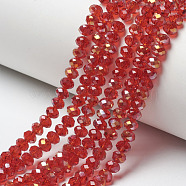 Electroplate Transparent Glass Beads Strands, Half Rainbow Plated, Faceted, Rondelle, Red, 6x5mm, Hole: 1mm, about 85~88pcs/strand, 16.1~16.5 inch(41~42cm)(EGLA-A034-T6mm-H11)
