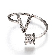 Alloy Cuff Rings, Open Rings, with Crystal Rhinestone, Platinum, Letter.V, US Size 7 1/4(17.5mm)(RJEW-I075-01P-V)