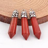Bullet Natural Red Jasper Pendants, with Platinum Tone Alloy Findings, 33~40x8~10mm, Hole: 3x2mm(G-E332-C06)