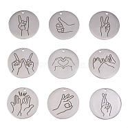 9Pcs 9 Styles 304 Stainless Steel Pendants, ASL Pendants, Flat Round with Gesture Language, Stainless Steel Color, 25x2mm, Hole: 2mm, 1pc/style(FIND-SZ0001-009P)