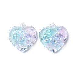 Two Tone Transparent Resin Pendants, with Glitter Powder, Heart Charm with Music Note Pattern, Lilac, Sky Blue, 20x20x5mm, Hole: 2mm(RESI-C019-01A)