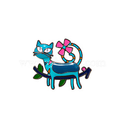 Cat with Flower Badges, Alloy Enamel Pins, Cute Cartoon Brooch, Turquoise, 30x25mm(PW-WG96117-01)