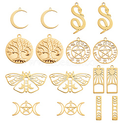 16Pcs 8 Style 304 Stainless Steel Charms, Snake & Moon & Butterfly, Real 18K Gold Plated, 19~29.5x6~44.5x1~2mm, Hole: 1.2~2mm, 2pcs/style(STAS-SC0004-05)
