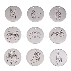 9Pcs 9 Styles 304 Stainless Steel Pendants, ASL Pendants, Flat Round with Gesture Language, Stainless Steel Color, 25x2mm, Hole: 2mm, 1pc/style(FIND-SZ0001-009P)