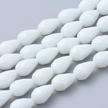 Glass Beads Strands, Imitation Jade Beads, Faceted, teardrop, White, 15x10mm, Hole: 2mm
