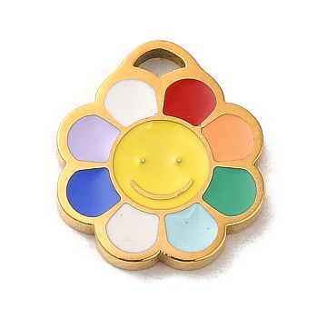 304 Stainless Steel Enamel Charms, Flower with Smiling Face Charms, Real 14K Gold Plated, 11.5x10x1.5mm, Hole: 1.5x1.3mm